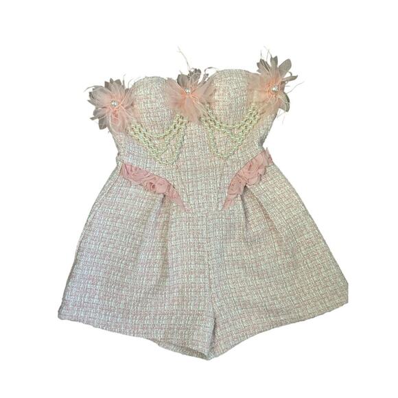 Akira Metallic Stitching Feminine Strapless Pearls Pretty In Pink Tweed Romper M - Picture 12 of 13
